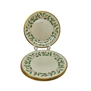 Vintage Lenox Holiday Salad Plates Set of 3 USA Holly Gold Trim 8 Inch